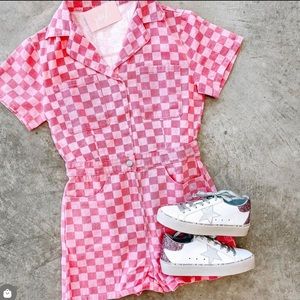 Pink checkerboard denim romper